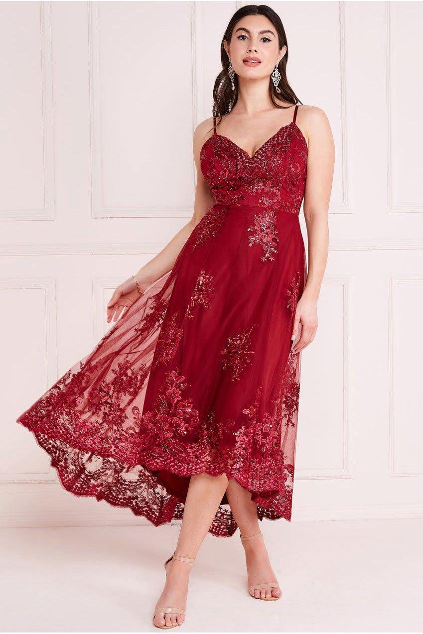 цена Платье миди с высоким низким вырезом и фестонами Goddiva, красный