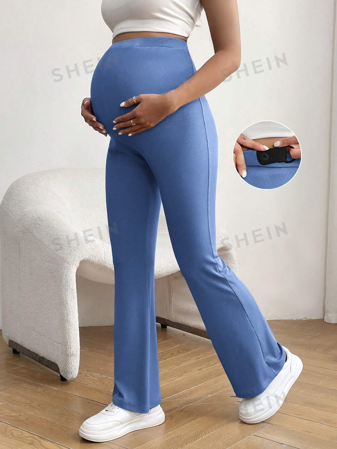 SHEIN Брюки-клеш с регулируемой талией для беременных, синий женские штаны для беременных 4 шт женские однотонные длинные брюки свободные регулируемые леггинсы брюки для беременных верхняя одежда