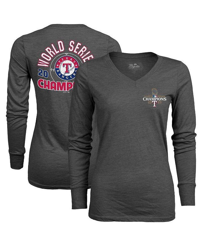 

Женская темно-серая футболка Texas Rangers 2023 World Series Champions Power Play Tri-Blend с v-образным вырезом Majestic, серый