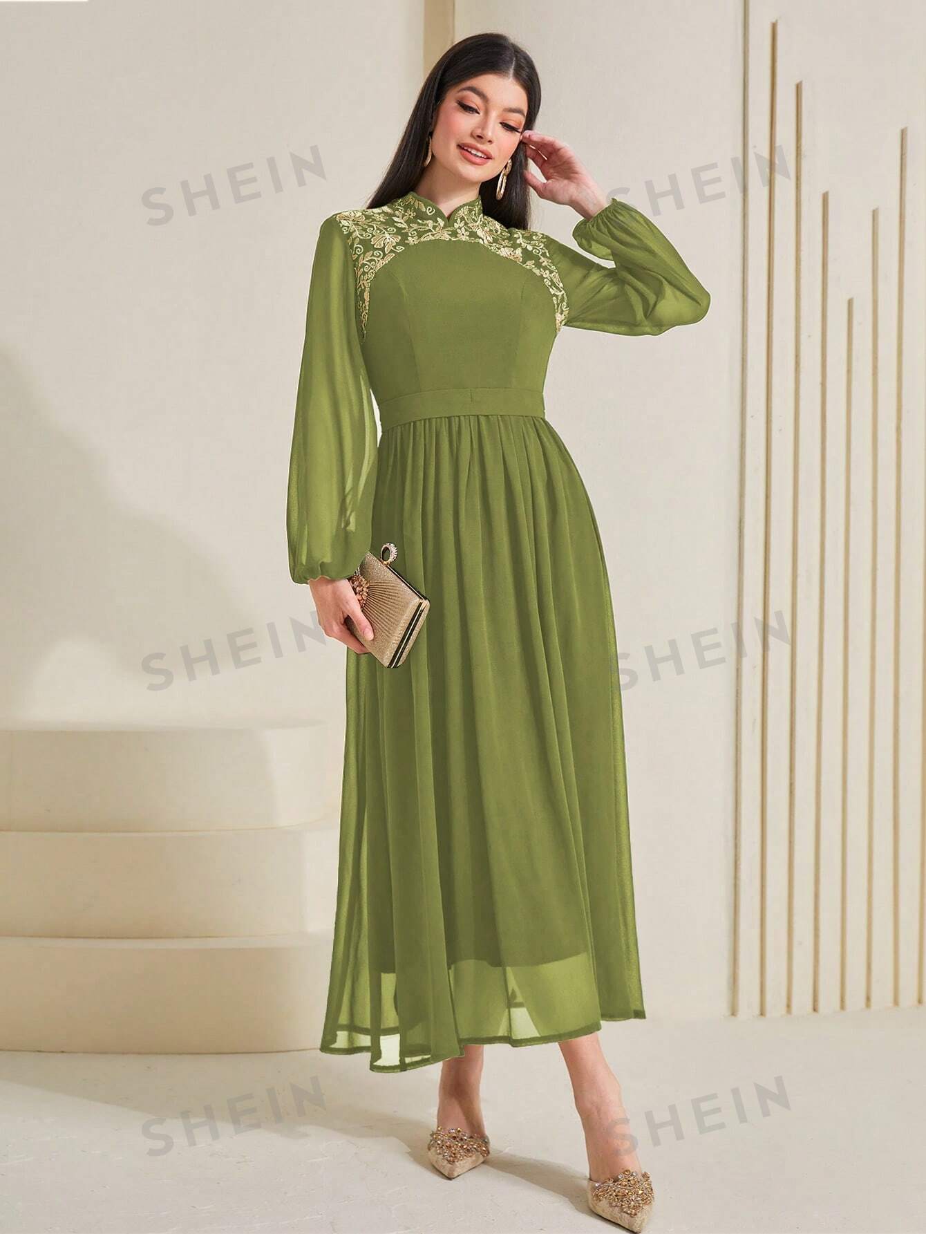 SHEIN Najma Платье-трапеция с цветочной вышивкой и рукавами-фонариками и завязкой на талии, зеленый