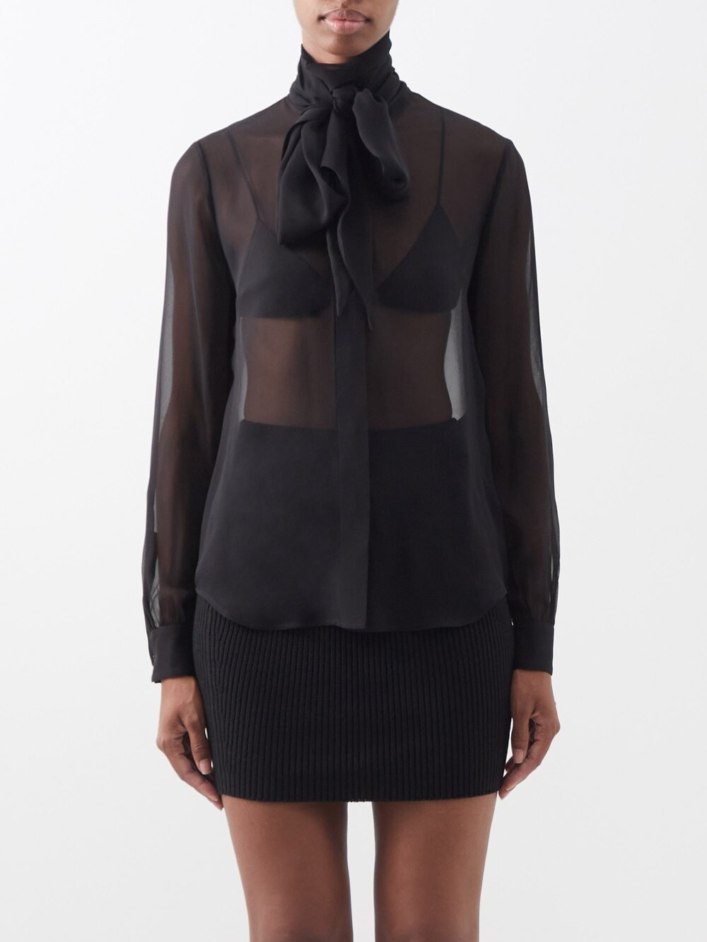 

Рубашка из шелкового крепа с галстуком Saint Laurent, черный