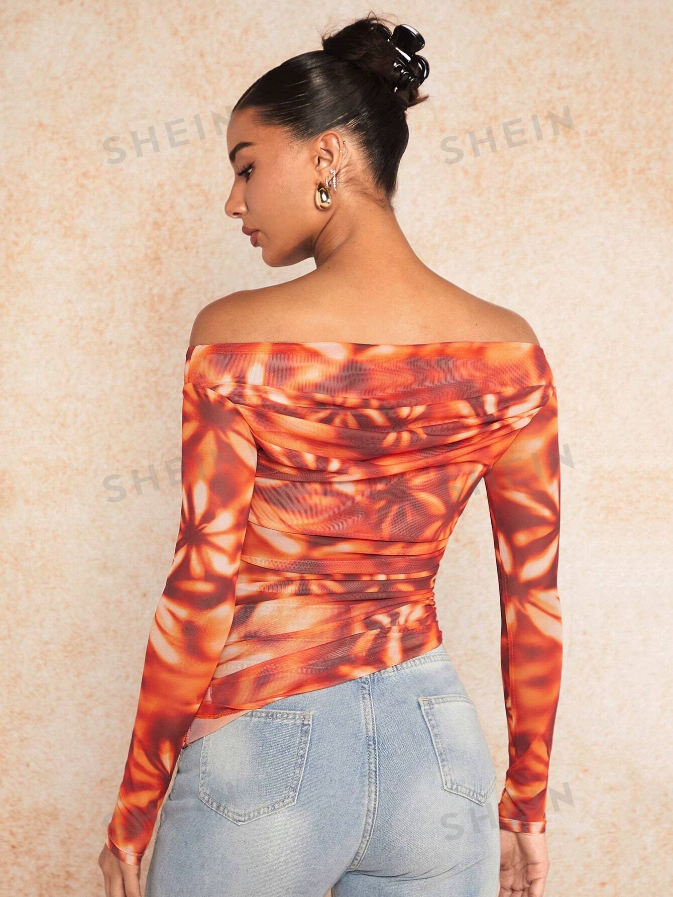 цена SHEIN BAE Однотонная приталенная футболка с открытыми плечами и складками, абрикос