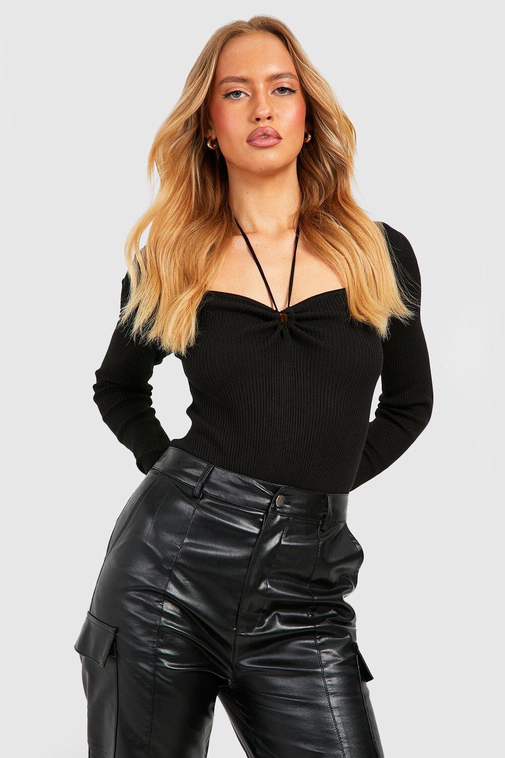 

Трикотажное боди с длинными рукавами в ребку Boohoo, черный