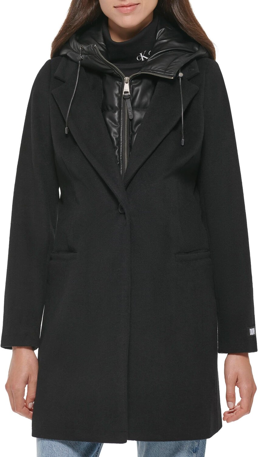

Шерстяное пальто с нагрудником из искусственной кожи DKNY, черный
