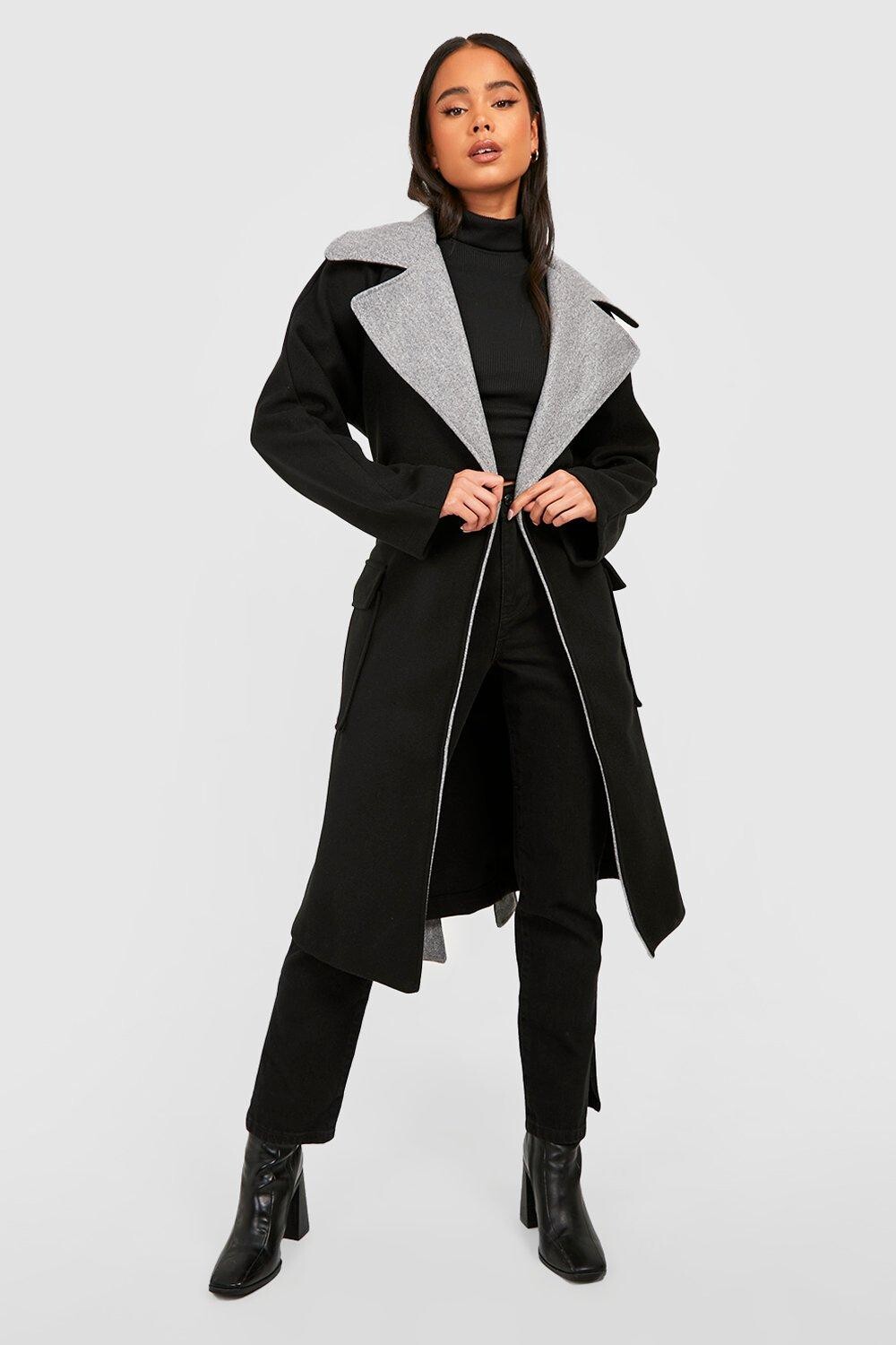 

Пальто petite контрастное из шерсти с поясом Boohoo, черный