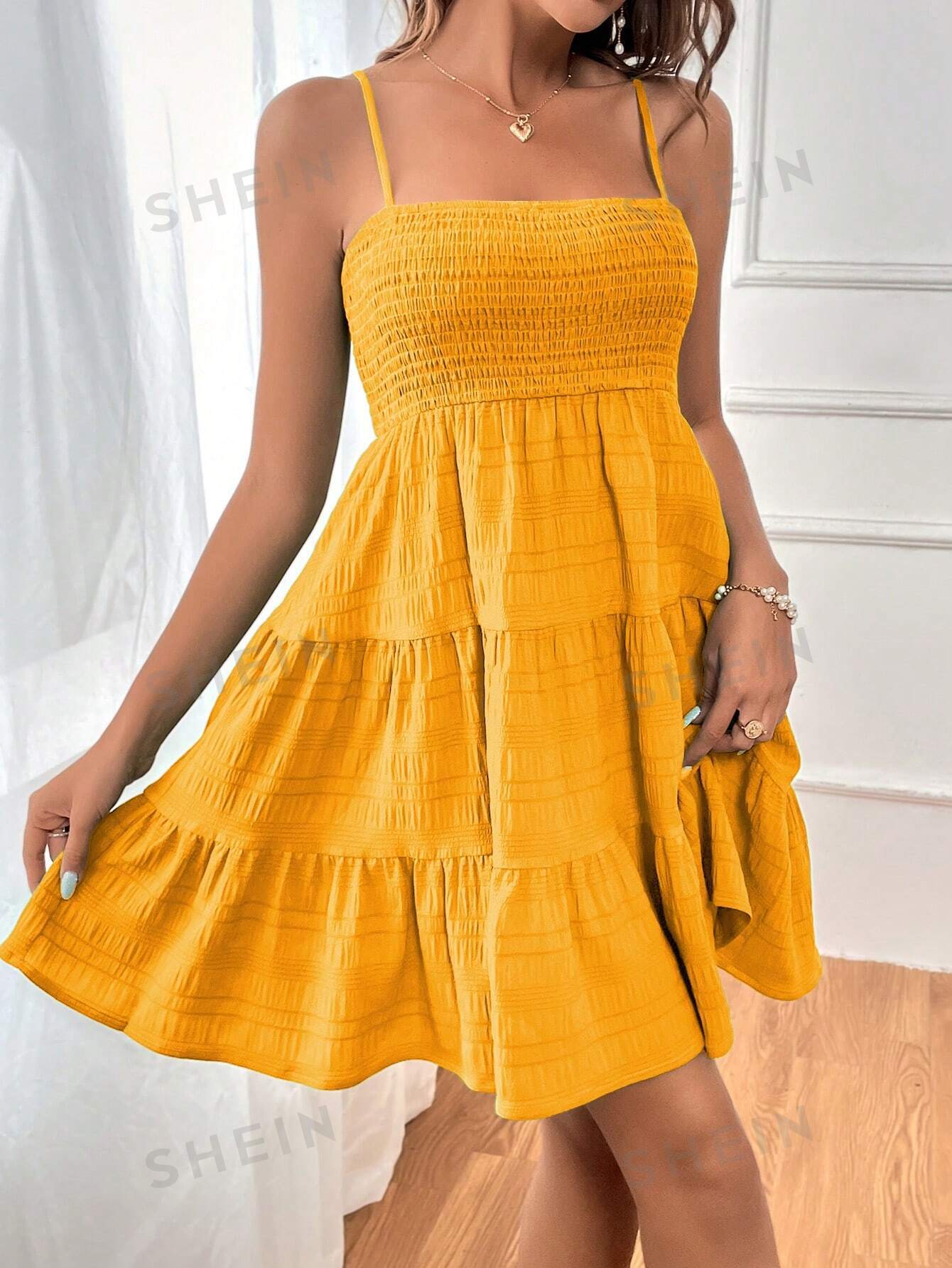 SHEIN WYWH Женское однотонное платье на тонких бретельках с оборками и подолом, горчично-желтый