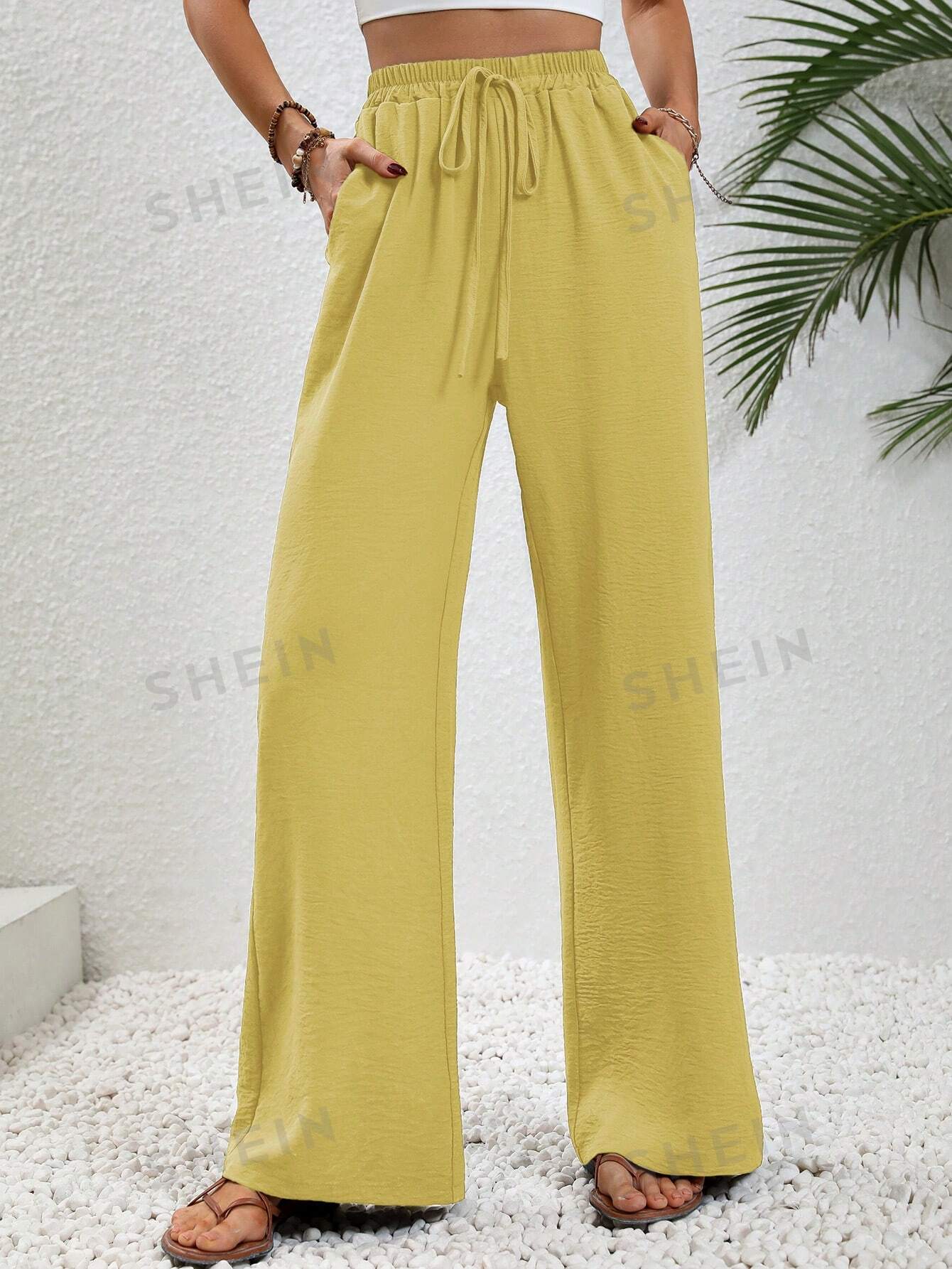 цена SHEIN LUNE женские однотонные длинные брюки с завышенной талией и завязками на талии и карманами, желтый