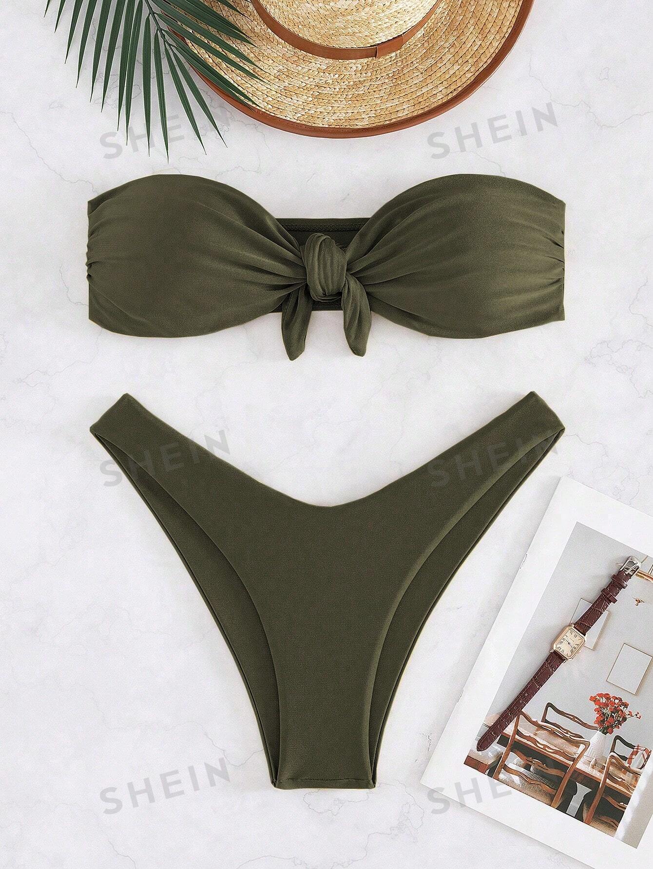 Новое поступление модный сексуальный однотонный комплект бикини без бретелек, армейский зеленый фото