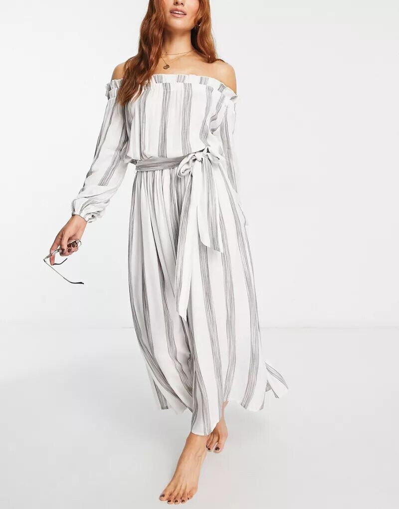 

Пляжное платье макси в полоску с открытыми плечами ASOS