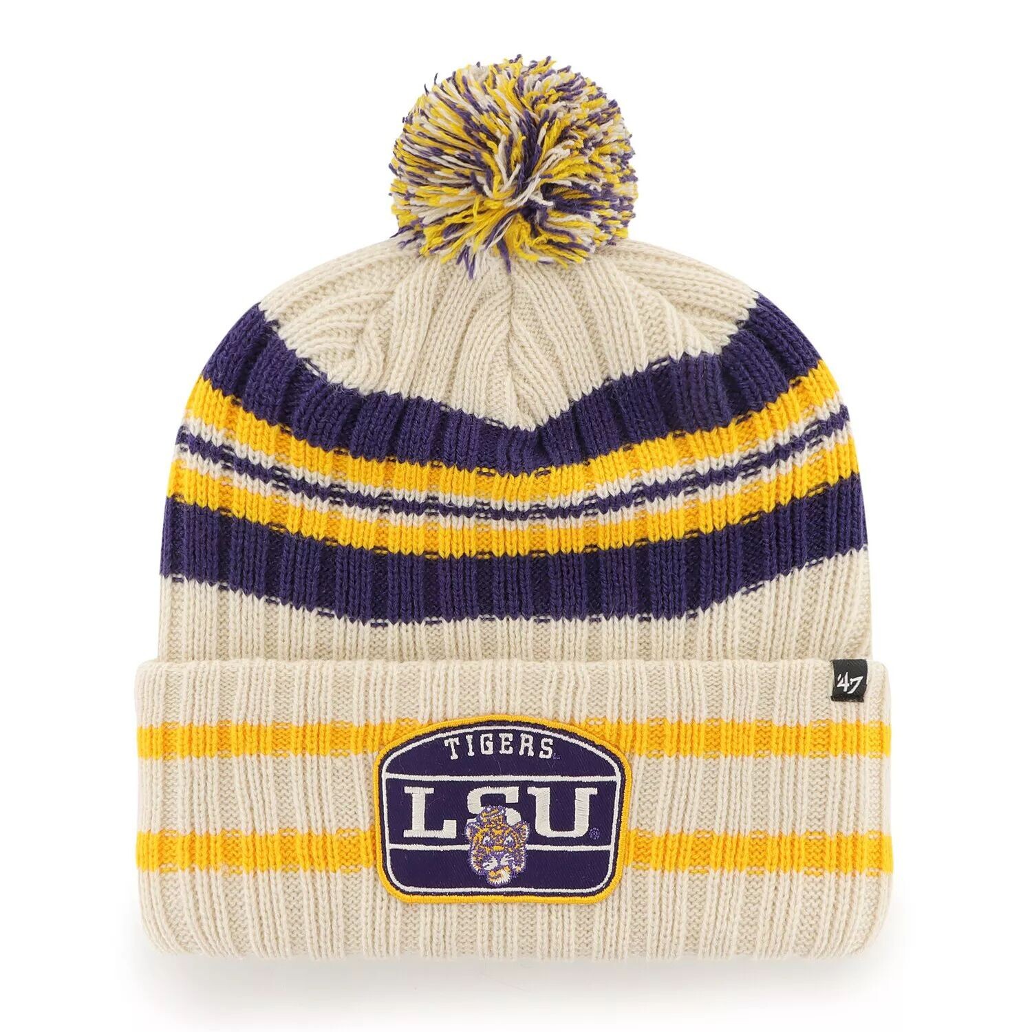 

Мужская вязаная шапка с манжетами и помпоном '47 Natural LSU Tigers Hone Patch