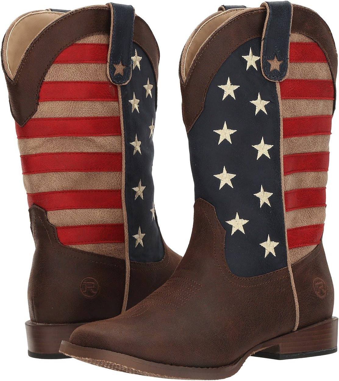 цена Ковбойские сапоги American Patriot Roper, цвет Brown Faux Leather Vamp Stars & Stripes Shaft