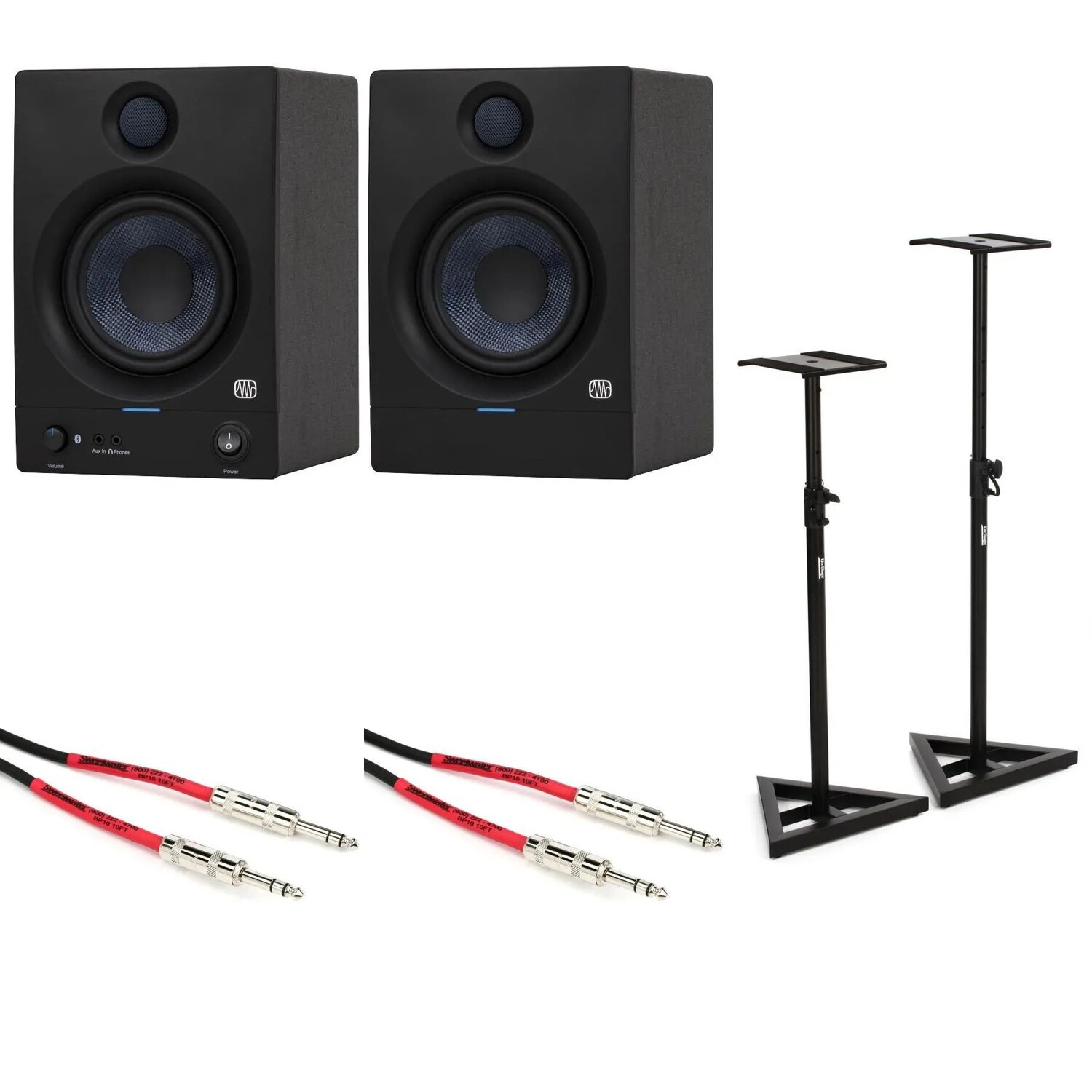 

Комплект новых студийных мониторов PreSonus Eris 5BT с диагональю 5,25 дюйма и подставками с питанием по Bluetooth