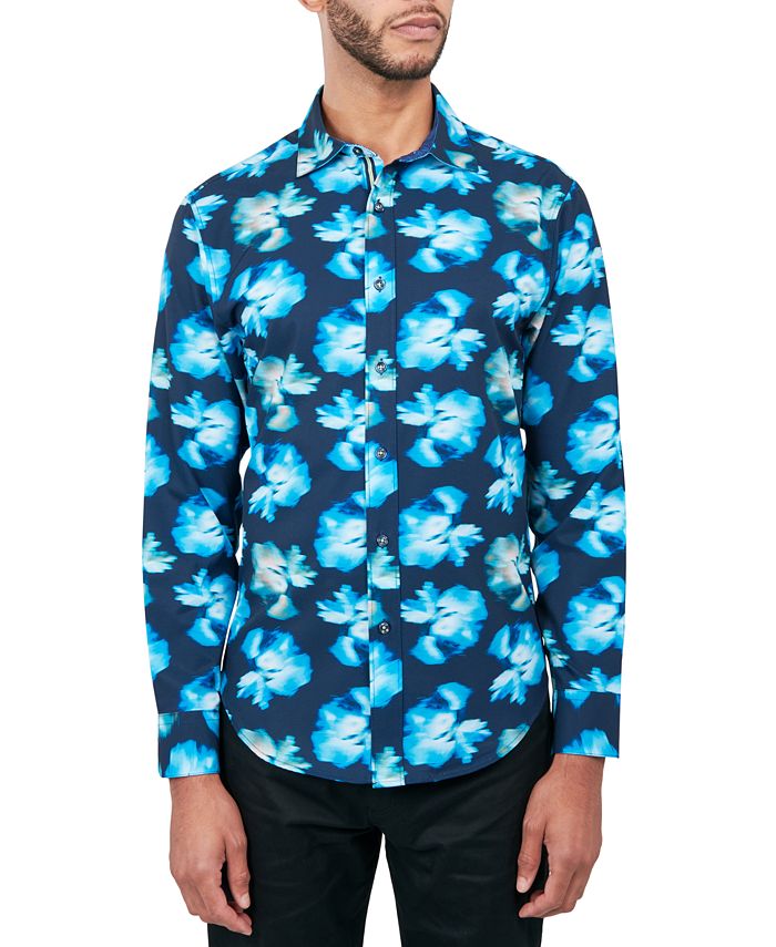 цена Мужская эластичная рубашка на пуговицах с абстрактным цветочным принтом обычного кроя без утюга Society of Threads, цвет Blue