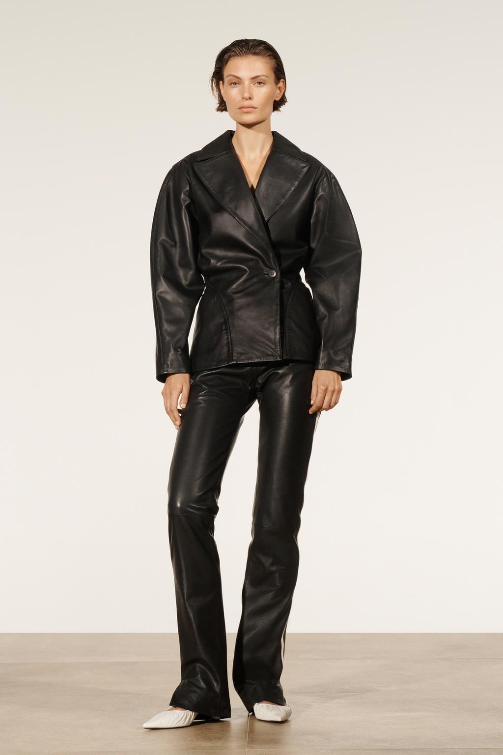 Кожаный пиджак с поясом ZARA, черный