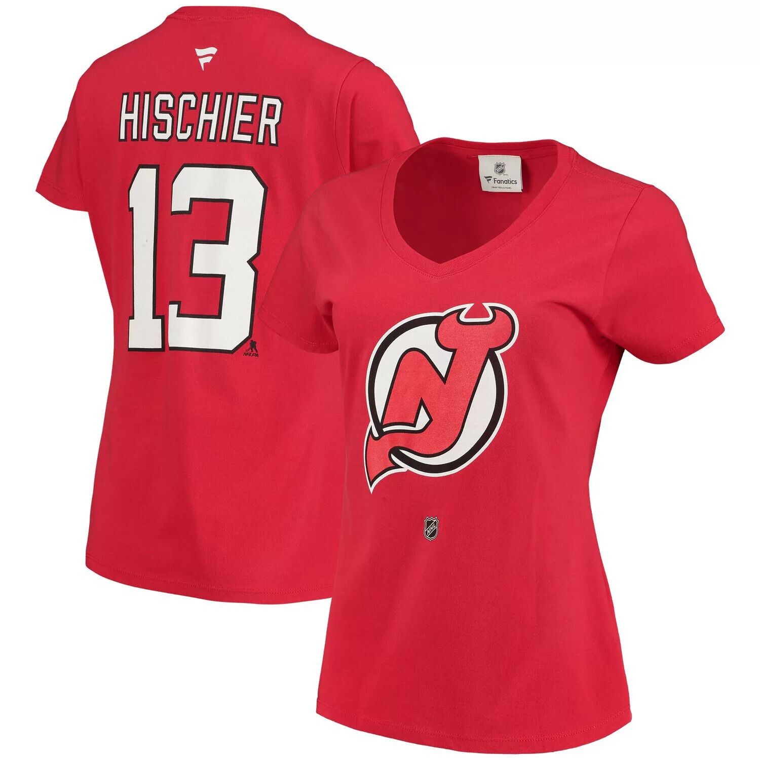 

Женская красная футболка Fanatics с логотипом Nico Hischier и логотипом New Jersey Devils с v-образным вырезом Fanatics, Красный