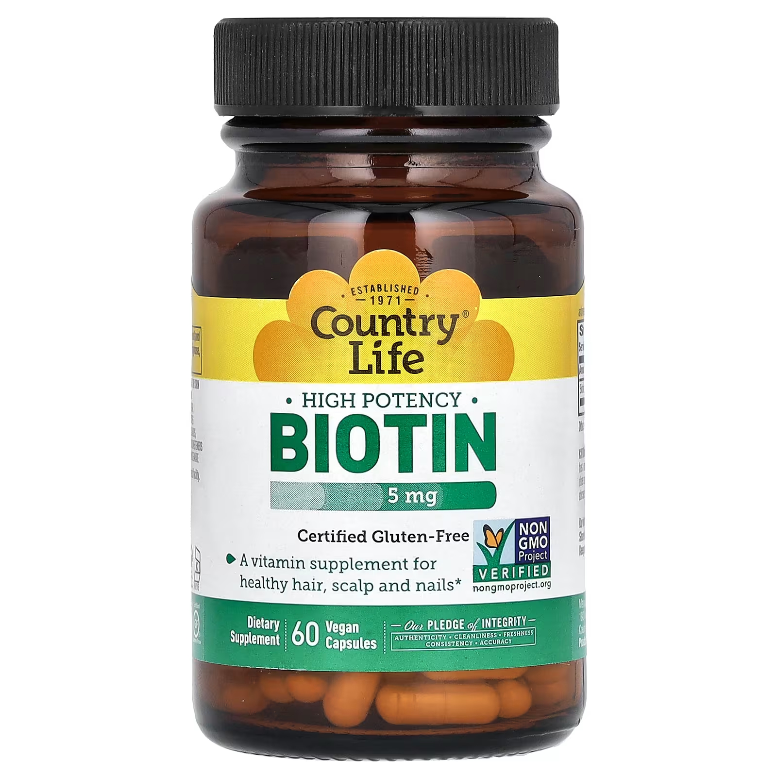 Биотин высокой эффективности Country Life 5 мг, 60 веганских капсул megafood добавка для здоровья кожи ногтей и волос 2 60 таблеток