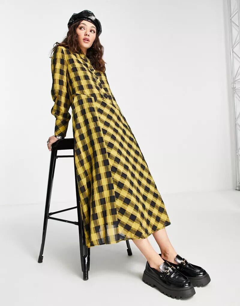 

Желтое платье-рубашка в клетку Topshop