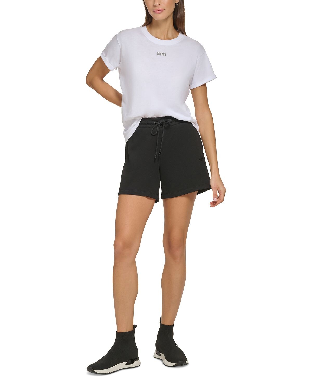 

Женские спортивные шорты из хлопка с логотипом и кулиской DKNY, черный