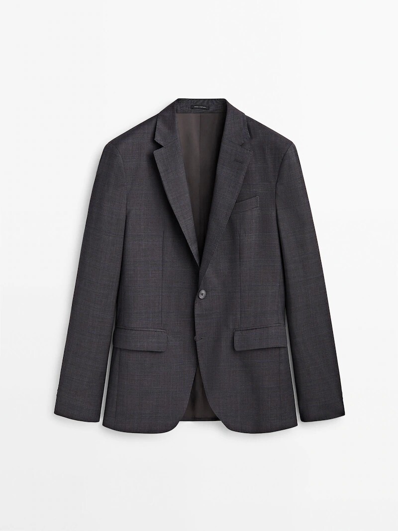 

Костюмный пиджак из шерсти Super 120 в клетку Massimo Dutti, серый