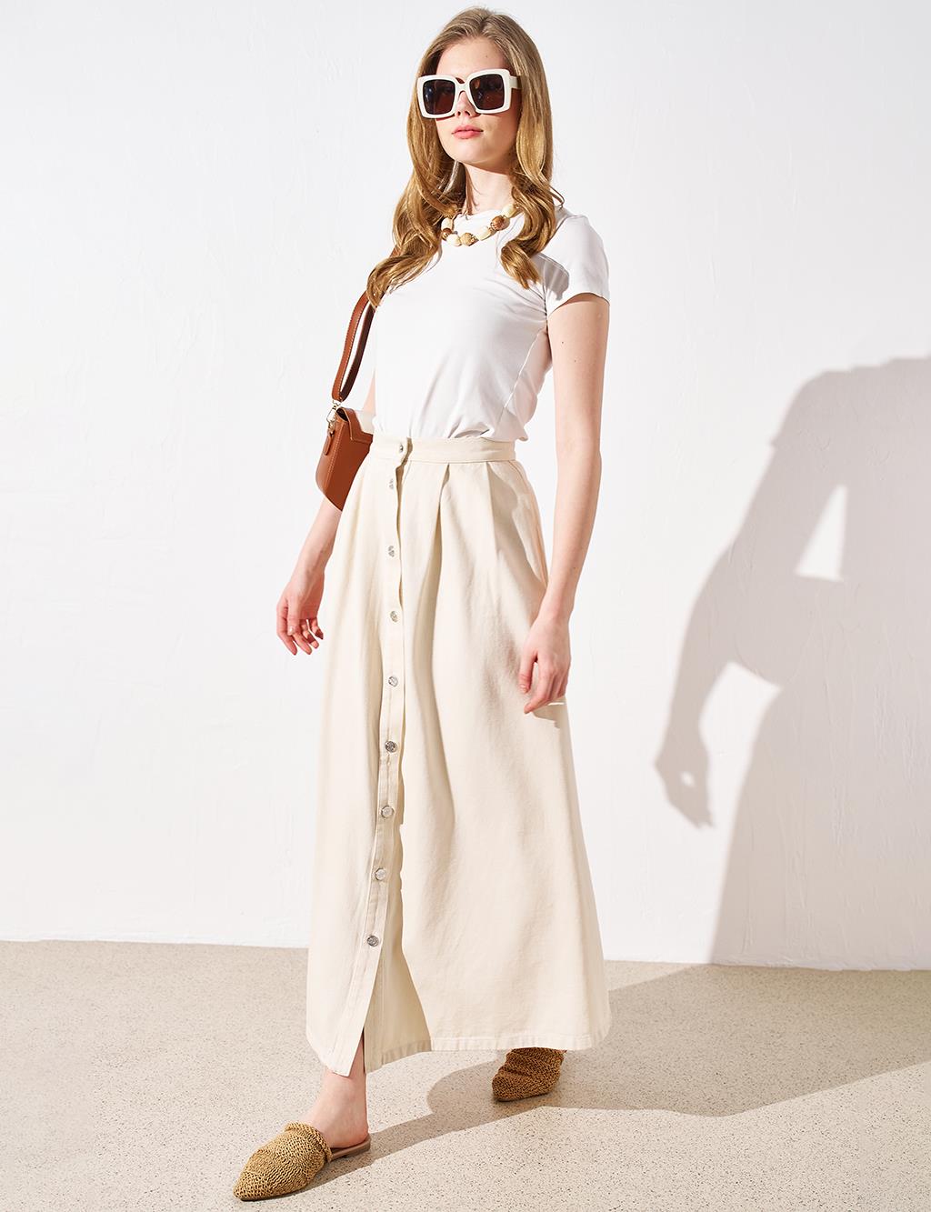 Джинсовая юбка на пуговицах Кремовая Kayra плиссированная юбка на пуговицах цвета бежевого песка kayra