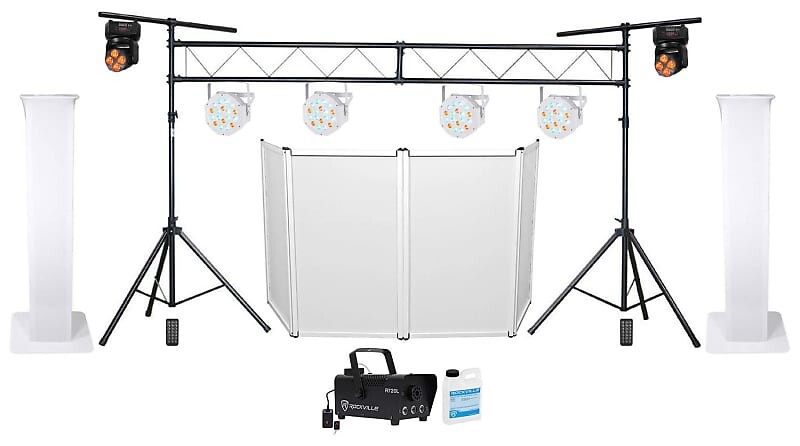 

(2) DJ Totem Stands+Facade+Par Lights+Moving Heads+LED Fogger+Truss Bar System Rockville (2) RTP32W+RFAAW+CH31 PACK 4