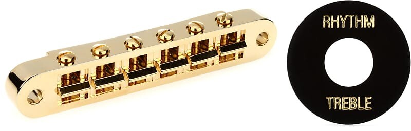 

Аксессуары Gibson Nashville Tune-O-Matic Bridge с полной сборкой - золотой комплект с шайбой тумблера аксессуаров Gibson - черный с золотым оттиском Gibson Accessories PBBR-040=1 PRWA-010=1