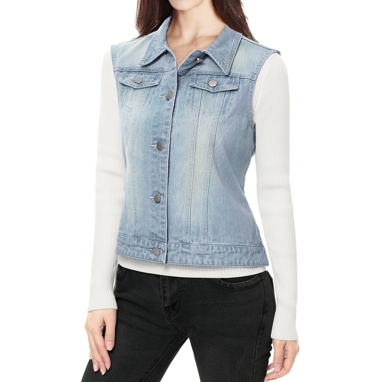 Женская однобортная джинсовая куртка-жилет с нагрудными карманами и стираными карманами ALLEGRA K цена и фото