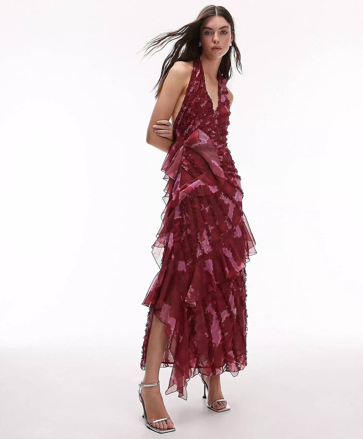 

Платье Topshop Ruffle Detail Halterneck Midi, темно-розовый