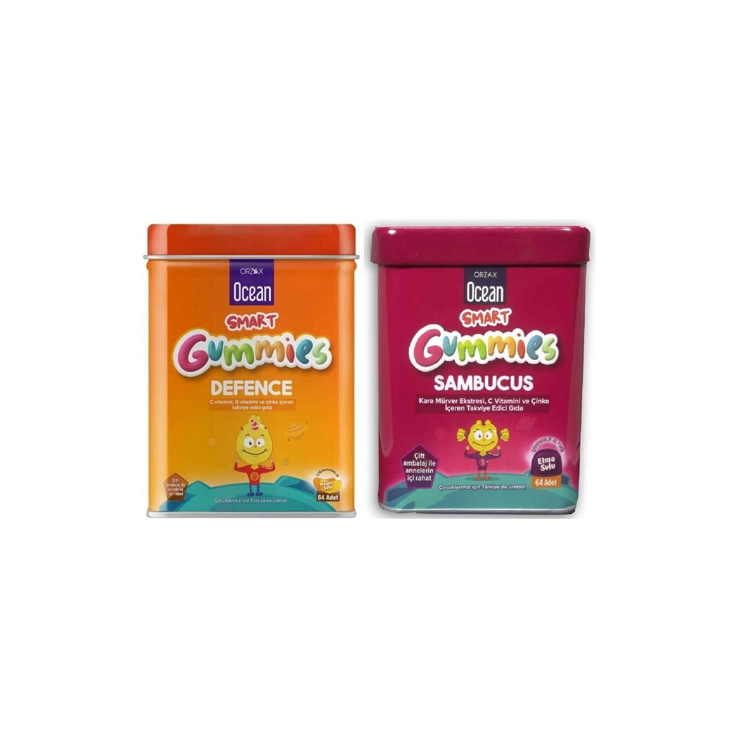 

Витаминная добавка Orzax Ocean Smart Gummies Defense, 64 таблетки + Пищевая добавка Ocean Gummies Sambucus, 64 таблетки