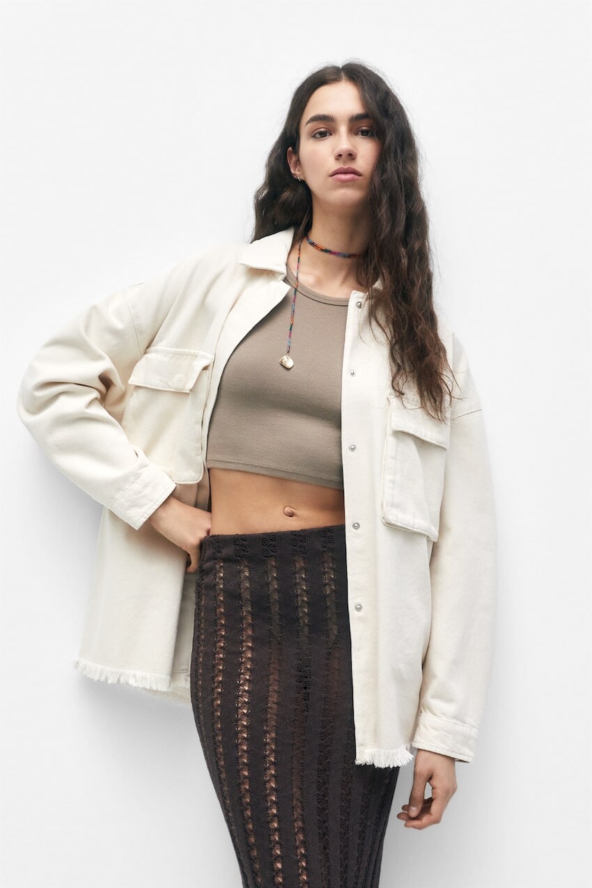

Верхняя рубашка с бахромой Pull&Bear, экрю