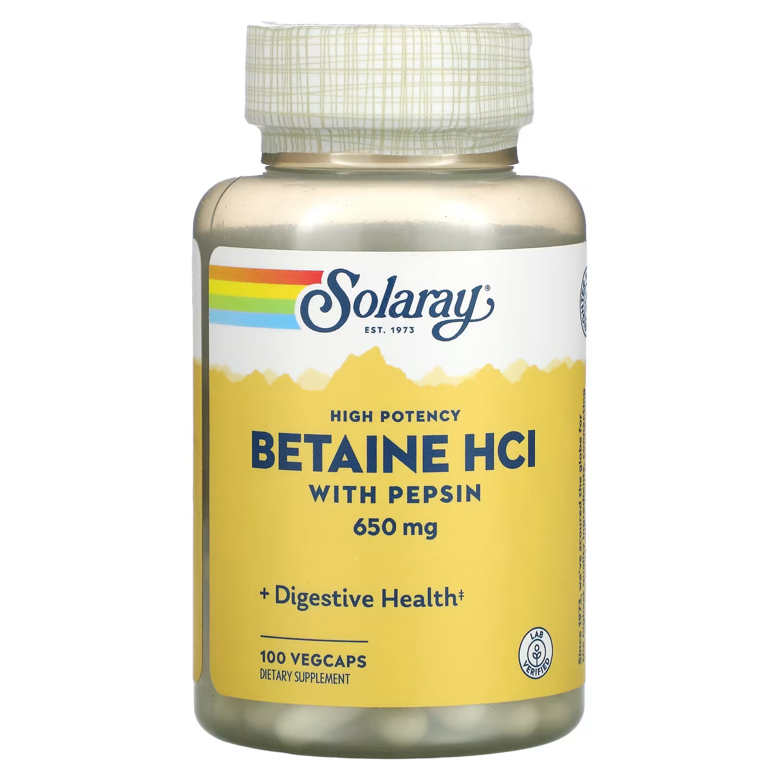 Solaray, высокоэффективный бетаина гидрохлорид с пепсином, 650 мг, 100 капсул VegCap solaray гидрохлорид с пепсином 230 мг 180 растительных капсул