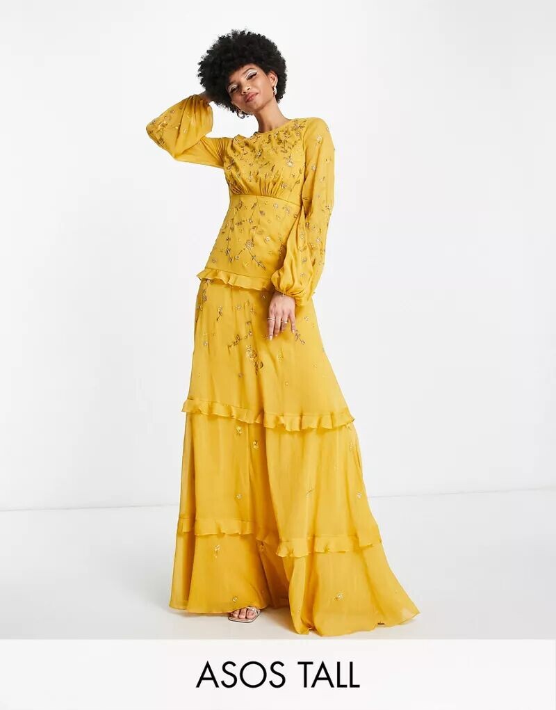 

Ярусное платье макси ASOS DESIGN Tall с вышивкой в ​​виде полевых цветов и горчичным декором