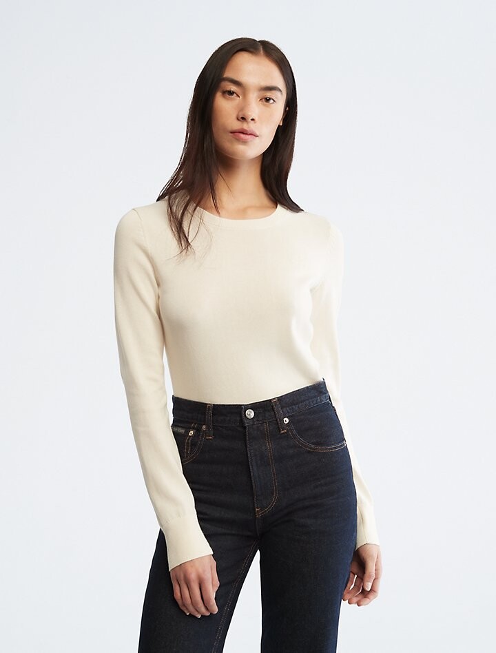 

Гладкий хлопковый свитер Calvin Klein, слоновая кость, Бежевый