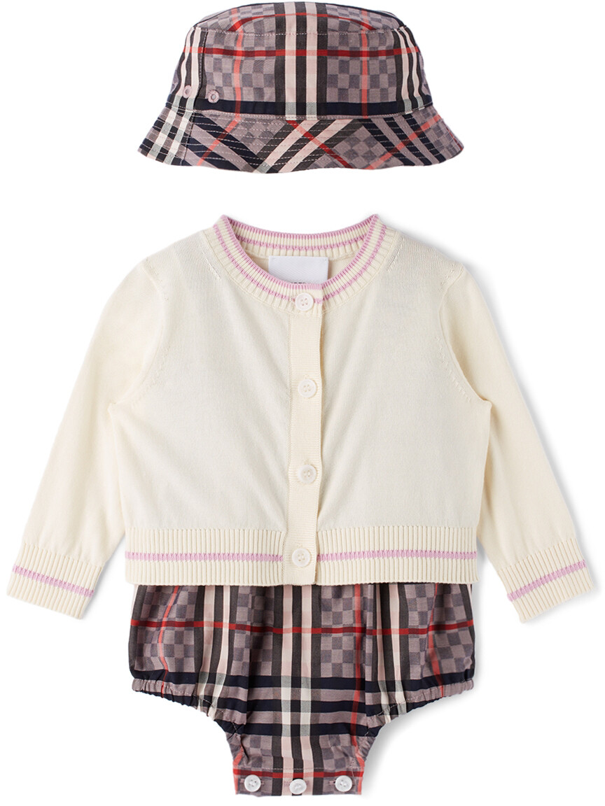 

Розовый комплект боди в шахматную клетку Baby Pink из трех частей Burberry