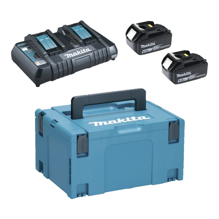 

Двойное быстродействующее зарядное устройство Makita DC18RD, 2 аккумулятора 18 В / 6,0 Ач BL1860B и MAKPAC размера 3