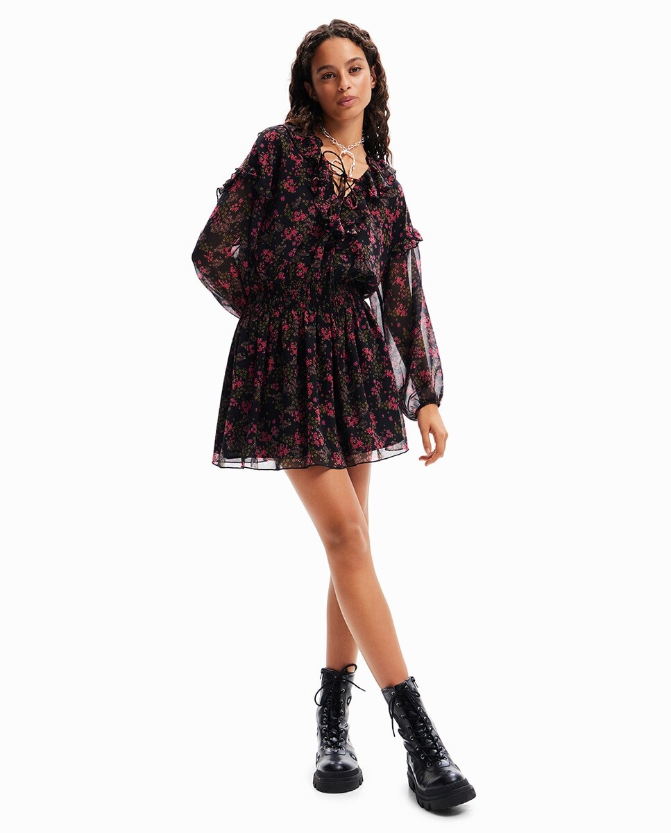 

Короткое шифоновое платье с цветочным принтом Desigual, черный