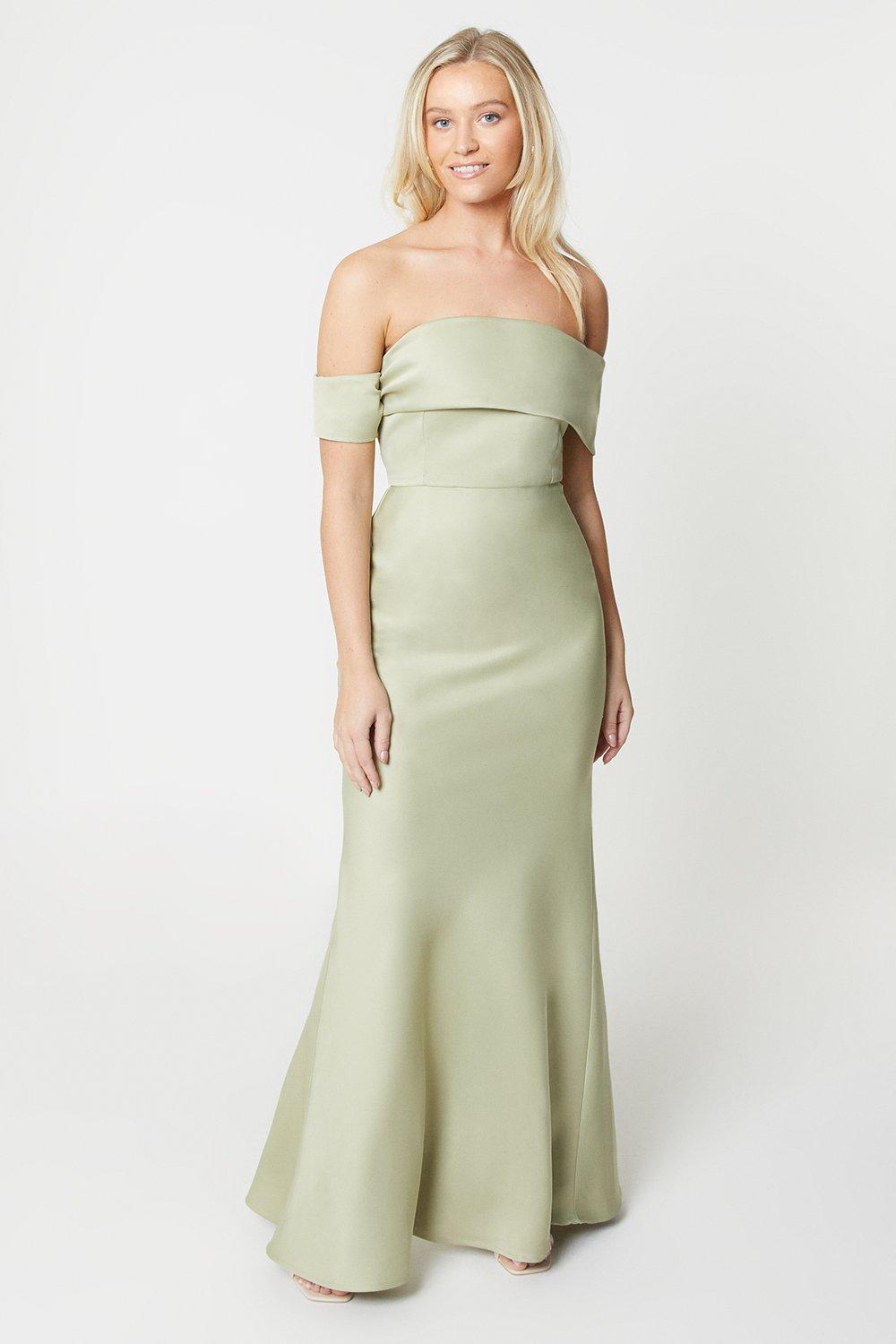 Асимметричное атласное платье подружки невесты Debut London с бардо Debenhams, зеленый