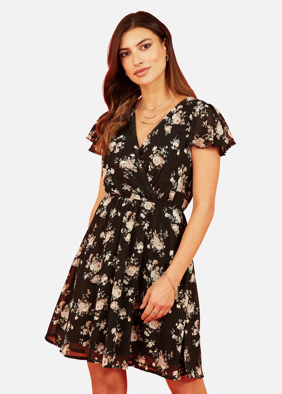 Mela Черное приталенное платье с запахом и цветочным принтом Apple