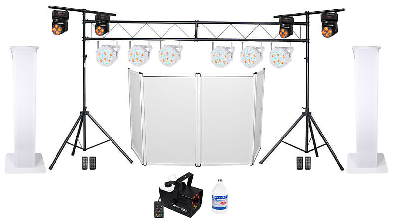 

(2) DJ Totem Stands+Facade+(6) Pars+(4) Moving Heads+LED Fogger+Truss Bar System Rockville (2) RTP32W+RFAAW+CH31 PACK 5