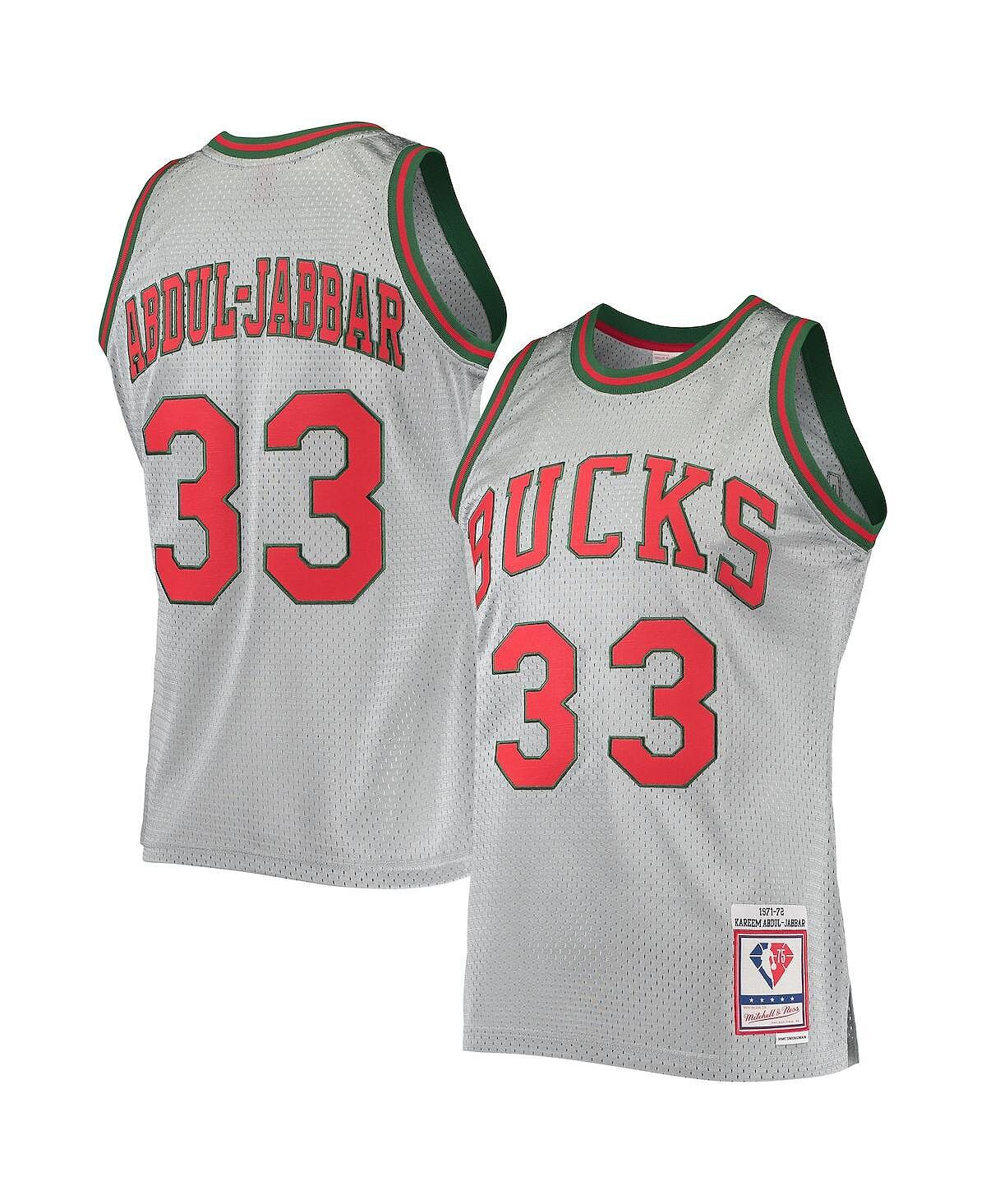 

Мужская футболка kareem abdul-jabbar silver milwaukee bucks 75th anniversary 1971-72 hardwood classics swingman jersey Mitchell & Ness, серебряный