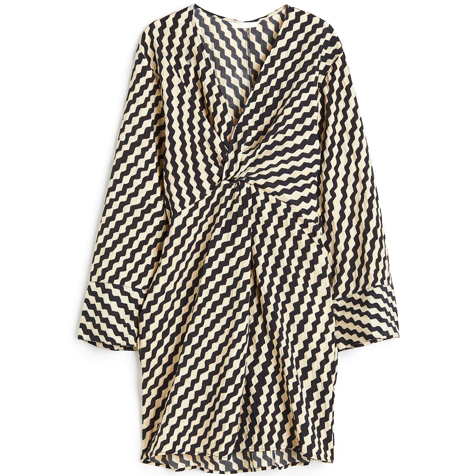 Платье H&M Patterned Textured-weave Knot-detail, черный/бежевый