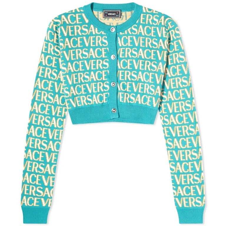 

Укороченный вязаный кардиган с логотипом Versace, синий