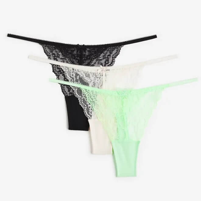 

Комплект трусов H&M Lace Thong, 3 предмета, черный/светло-бежевый/светло-зеленый