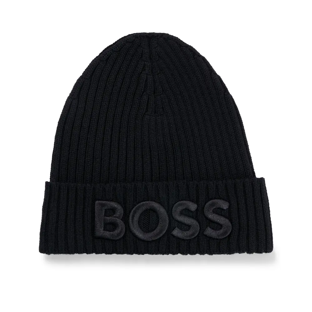 

Шапка-бини Boss Logo-embroidered Rib-knit In Virgin Wool, черный