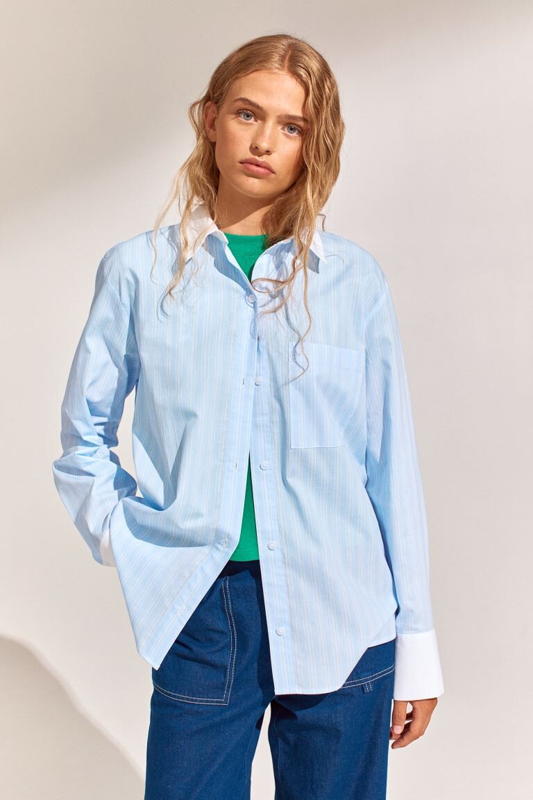 

Поплиновая рубашка оверсайз H&M, голубой/белые полосы