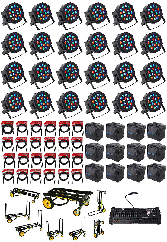 

Комплект Rockville RockPAR50 Par Can Wash Lights + контроллер DMX + кабели + сумки + тележка 2RockPAR50 + 2RDX + RLB + FORCE 2