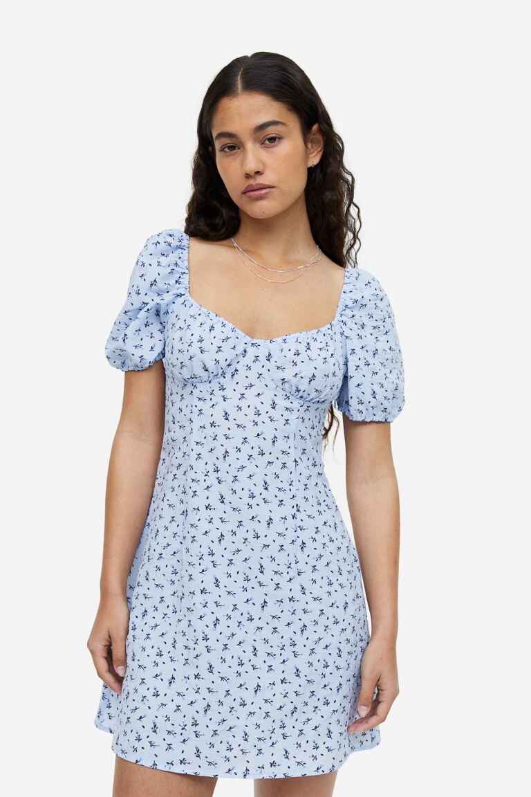 

Креповое платье с пышными рукавами H&M, голубой/цветочный
