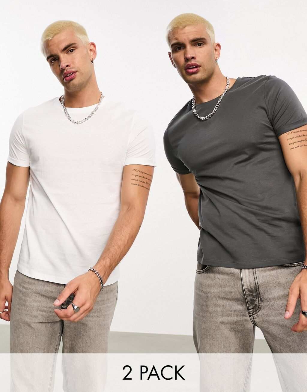 

Комплект из двух футболок с закатанными рукавами ASOS DESIGN 2 Бело-серые