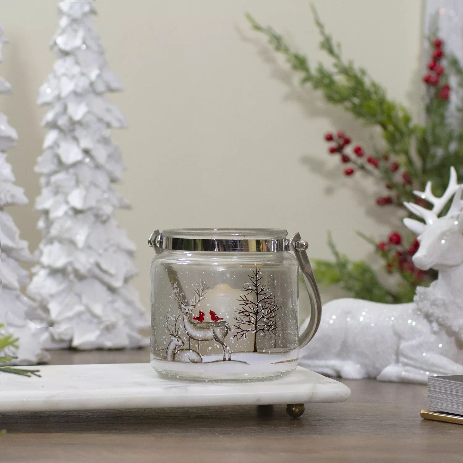 4-дюймовый беспламенный стеклянный рождественский подсвечник из сосны и оленя с ручной росписью
