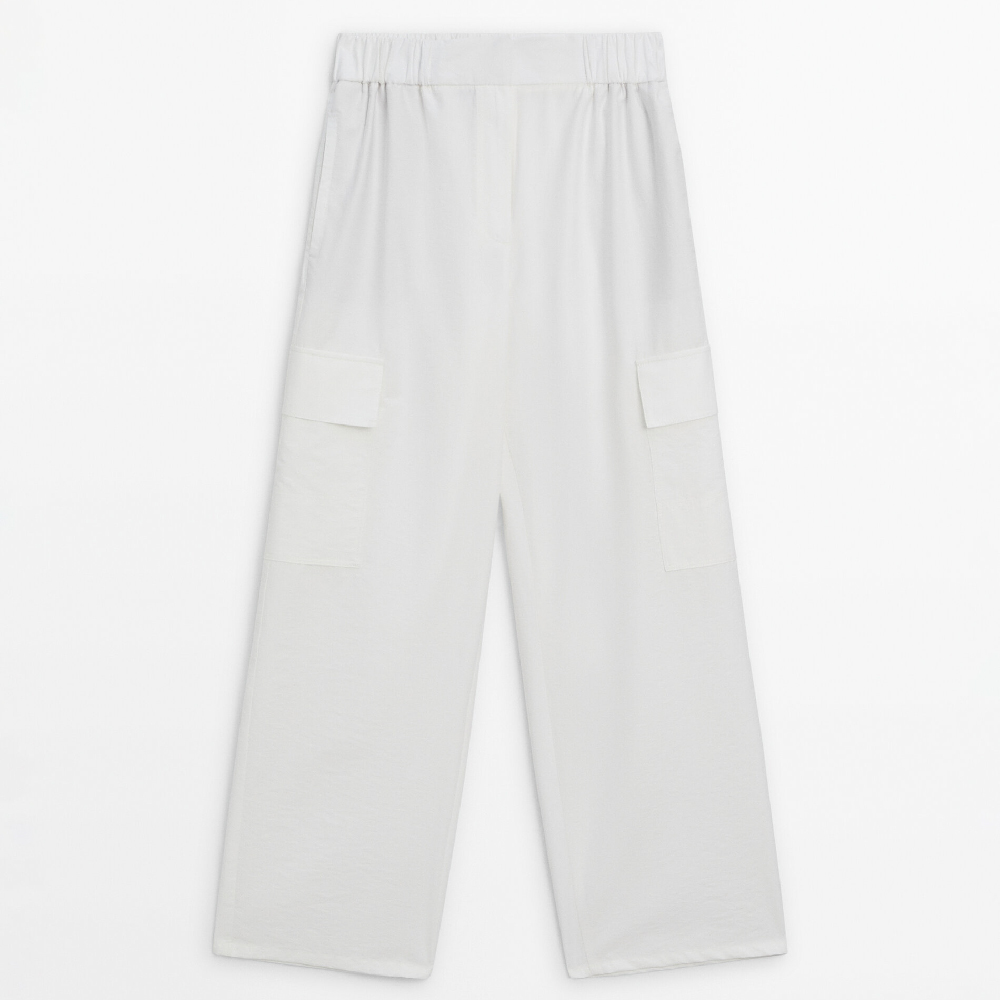 Брюки Massimo Dutti Poplin Cargo With Elasticated Waistband, белый брюки zara cropped with elasticated waistband бежевый